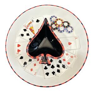 Poker Theme Chip and Dip Majolica Style Ceramic Cards  Tray